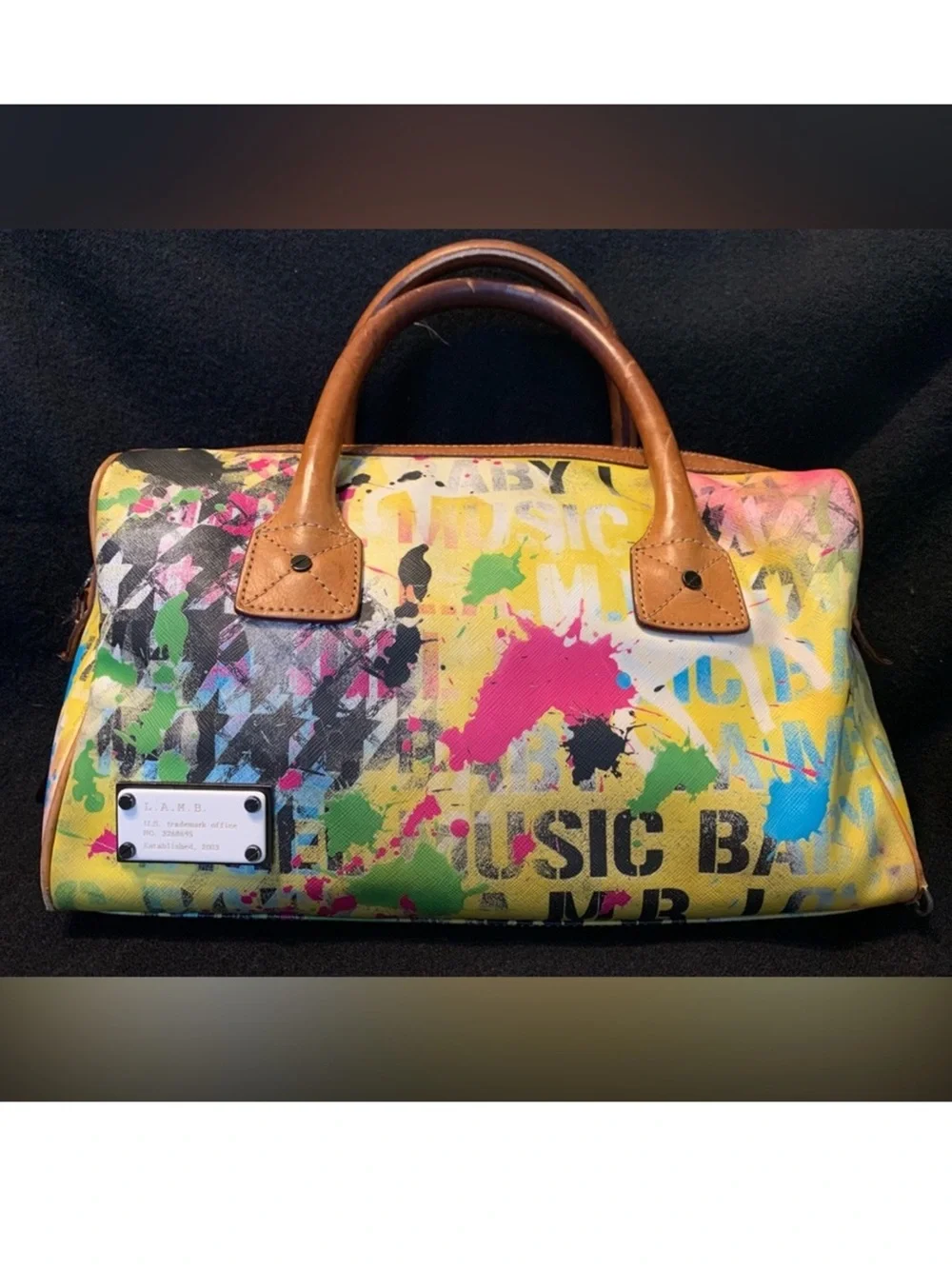 L.A.M.B. Multicolor Paint-Splash Satchel with Tan Handles Y2K!